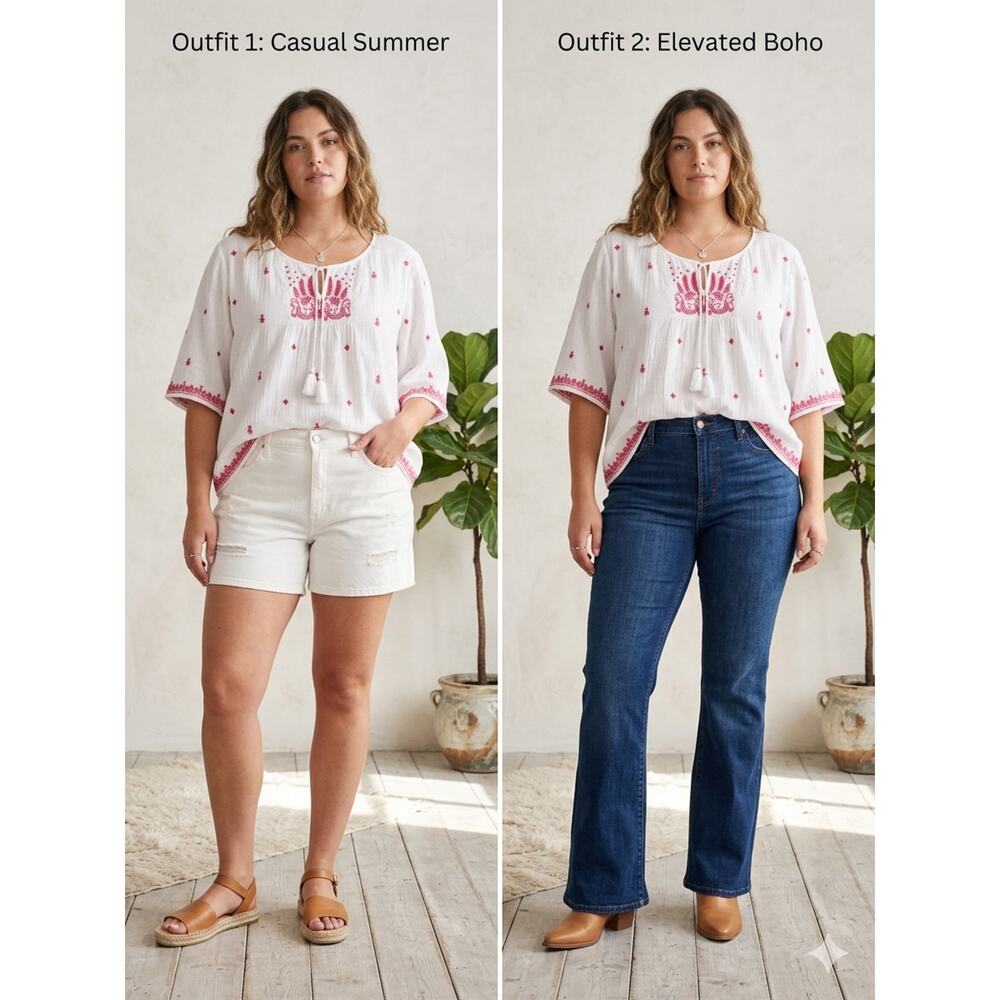Soft Surroundings white red Gauze Lined Cotton Embroidered Top XL Tassel Comfy